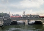 F 4 "Merkur" nach Frankfurt überquert mit einer unbekannten V 200 die Lombardsbrücke in Hamburg. (06.05.1959) <i>Foto: Walter Hollnagel</i>