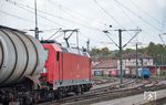 Wiederum eine Zugkreuzung auf der Umleitungsstrecke, diesmal im Bahnhof Rottweil, wo DGS 40041 (Venlo - Chiasso) mit Railtraxx 185 510 die Einfahrt von 185 243 mit GC 60483 (Villingen - Karlsruhe) abwarten muss. (26.09.2017) <i>Foto: Joachim Schmidt</i>