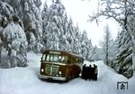 Die Mannschaft des DB-Linienbusses Bad Sachsa - St. Andreasberg - Altenau - Goslar hilft einem im Schnee stecken gebliebenden VW-Käfer bei der Weiterfahrt nahe Altenau im Harz.  (01.1952) <i>Foto: Walter Hollnagel</i>