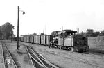 99 3462 rangiert einen beachtlichen Güterzug in Anklam Kleinbf. In den 1930er Jahren beförderte die MPSB bis zu 390.000 t Güter jährlich, Anfang der 1960er Jahre waren es nicht einmal 20.000 t. (18.08.1966) <i>Foto: Gerd Wolff</i>