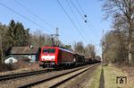 Die gepflegte 189 024 mit dem nur aus leeren Autotransportwagen bestehenden EZ 51273 (Hagen-Vorhalle - Gremberg) bei Köln-Dünnwald. (02.03.2023) <i>Foto: Joachim Bügel</i>