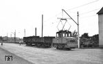 Von 1893 bis 1965 verkehrte die Dürener Eisenbahn AG (DEAG) von Bahnhof Düren über Birkesdorf, Hoven, Merken und Pier nach Inden mit einer Spurweite von 1000 mm. Hier ist Lok 2 (ex Stuttgart 7, Trümmerlok von ME/BBC, Baujahr 1946) in der Neuen Jülicher Straße Düren unterwegs. (07.07.1958) <i>Foto: Aad van Ooy</i>
