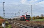 155 046 des Erfurter Bahnservice mit einem leeren Staubgutwagenzug von Karsdorf nach Spreewitz in Eilenburg. (13.11.2023) <i>Foto: Ralf Opalka</i>
