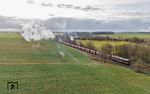 Am Zugschluss des 1600 t schweren Kohlezuges half 132 088 der Salzland Rail Service bei Geithain tatkräftig mit. (30.12.2023) <i>Foto: Joachim Schmidt</i>