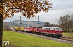 215 001 von Railsystems Gotha überführt bei Schönau (Krs Eisenach) die V 60 615 der Hammer Eisenbahnfreunde, 364 824 und 115 205 von DB-Autozug und zwei Bauzugwagen. (22.11.2016) <i>Foto: Joachim Schmidt</i>