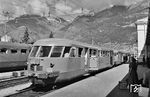 Im Jahr 1936 bestellte die Italienische Staatsbahn bei Breda in Mailand eine Serie von Triebwagen der 56-sitzigen Bauart ALn 556, die mit Mehrfachsteuerung ausgerüstet waren. Zwei solche Triebwagen stehen in Meran zur Abfahrt bereit. (22.06.1961) <i>Foto: Wolfgang Jahn</i>