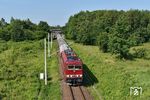 In Leipzig-Heiterblick trifft das Verbindungsgleis von Leipzig-Schönefeld auf die Strecke von Leipzig-Thekla nach Eilenburg. Auf diesem Verbindungsgleis fährt 155 219 der Maik Ampft Eisenbahndienstleistungen Limbach-Oberfrohna mit einem leeren Getreidezug von Leipzig-Engelsdorf nach Bad Schandau. (10.06.2024) <i>Foto: Ralf Opalka</i>