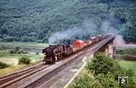 Der Güterzug mit 044 277 (vgl. Bild-Nr. 102671) folgt die Ehranger 044 344 in Ediger-Eller mit einem weiteren Güterzug in Richtung Koblenz-Mosel. (08.1971) <i>Foto: Robin Fell</i>