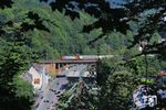 Die kunterbunte 101 066 ("Einziganders") mit dem umgeleiteten IC 2156 (Gera - Köln) auf der fast zugewachsenen Wupperbrücke in Wuppertal-Sonnborn. (29.07.2024) <i>Foto: Wolfgang Bügel</i>