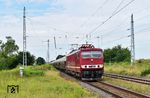 250 195 des Fahrzeugwerks Karsdorf mit dem leeren Staubgutwagenzug von Karsdorf nach Spreewitz bei Jesewitz, der mit mind. 100 km/h am Fotografen vorbeifuhr. Dank der sehr guten Aerodynamik der Baureihe 250 (die Lok belegte im Windkanal den 2. Platz; Platz 1 ging an einen Möbelwagen) sorgte die Windschleppe dafür, dass sich auf Höhe der Lok die Grashalme bogen und den Blick auf das Schotterbett freigaben. (10.07.2024) <i>Foto: Ralf Opalka</i>