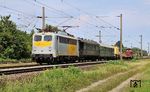 140 797 der Eisenbahn-Betriebsgesellschaft Neckar-Schwarzwald-Alb (NeSA) überführt mehrere Wagen in den Schwarzwald bei Ottersweier. Am Zugschluss hängt 212 041. (07.08.2024) <i>Foto: Thomas Gries</i>