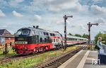 218 497 rauscht mit IC 2074 nach Westerland (Sylt) durch den Bahnhof Klanxbüll. (04.08.2024) <i>Foto: Atijana Schmidt</i>