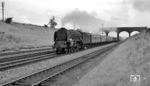 BR 60133 "Pommern" (Darlington Works, Baujahr 1948) mit einem Schnellzug bei Abots Ripton zwischen Peterbourough und Cambrigde in Ostengland. Die LNER-class A1 'Peppercorn' wurden entworfen, um schwersten Personenzügen der Nachkriegszeit auf der Strecke London – York – Newcastle – Edinburgh – Aberdeen an der britischen Ostküste (East Coast Mainline) gewachsen zu sein. Diese bestanden normalerweise aus Zügen mit bis zu 15 Wagen und bis zu 550 Tonnen Gewicht. Die Peppercorn-Loks waren in der Lage, vor den schweren Zügen eine Geschwindigkeit von 95-110 km/h (60-70 mph) auf ebener Strecke zu fahren.  (03.07.1960) <i>Foto: Alan Orchand</i>