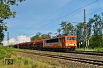 155 111 in Diensten der Budamar West GmbH Saalburg-Ebersdorf überführt leere Schotterwagen von Bad Schandau nach Röblingen in Leipzig-Thekla. (19.05.2024) <i>Foto: Ralf Opalka</i>