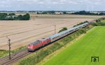 Nach der Durchfahrt des AS 1416 bekommt IC 2311 mit 218 379 und 218 322 Ausfahrt im Betriebsbahnhof Lehnshallig nach Niebüll. (05.08.2024) <i>Foto: Joachim Schmidt</i>