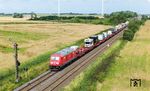 245 025 passiert mit einem Autozug aus Westerland (Sylt) das Einfahrsignal von Klanxbüll. (05.08.2024) <i>Foto: Joachim Schmidt</i>