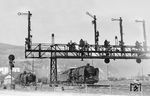 03 288 vom Bw Ludwigshafen (Rhein) verlässt mit D 204 (Dortmund – München) den Bahnhof Bingerbrück. Links steht die Franco-Crosti-Lok 42 9000. (1952) <i>Foto: Carl Bellingrodt</i>