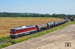 Nach dem Kopfmachen in Gera fährt der Kesselwagenzug mit 142 001 nordwärts Richtung Zeitz. Bei der Blockstelle Caaschwitz gibt es einen Baustoffhändler mit Anschlußgleis. Ein Kieshügel konnte für einen erhöhten Standpunkt genutzt werden.  (15.07.2024) <i>Foto: Steffen Tautz</i>