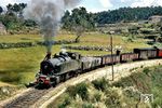 Malletlok E 206 der Comboios de Portugal (CP) mit einem Güterzug bei Chaves auf der 'Linha do Corgo'. Die Linha do Corgo war eine meterspurige Eisenbahnstrecke im Norden Portugals. Zwischen 1990 und 2009 wurde sie abschnittsweise stillgelegt. (1968) <i>Foto: Robin Fell</i>