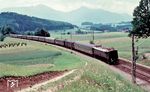 E 16 17 führt den F 5 "Orient-Express" (Paris Est - Strasbourg - Stuttgart - Salzburg - Wien Westbf) zwischen Bergen (Oberbay) und Traunstein bei Vachendorf. (07.1956) <i>Foto: Carl Bellingrodt</i>