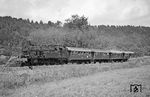 078 459 mit dem P 3988 nach Rottweil nahe Mühlen (b. Horb). Nach der Ersatz-Leistung vor dem E 4565 (vgl. Bild-Nr. 103390) war die Lok wohl als Lz zurück nach Tübingen gefahren, um dort planmäßig den Mittagszug nach Rottweil zu übernehmen. (13.08.1969) <i>Foto: Wolfgang Bügel</i>