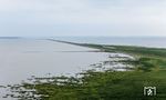 Der Hindenburgdamm verbindet seit dem 1. Juni 1927 die nordfriesische Insel Sylt mit dem Festland. Ursprünglich eingleisig erbaut und später mit einer Ausweichstelle versehen, ist der Damm seit 1972 durchgängig zweigleisig ausgebaut. Hinter der ehemaligen Blockstelle Hindenburgdamm befindet sich der IC 2215 nach Köln mit 218 497 auf dem Weg zum Festland. (03.08.2024) <i>Foto: Joachim Schmidt</i>