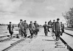 Ein Fernmeldetrupp der Reichsbahn auf dem Weg zur Strecke irgendwo in der Ukraine. Sie richtete die Fernmeldeverbindungen für die Reichsbahn ein. (1942) <i>Foto: RVM (Steiner)</i>