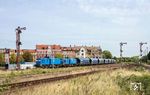 PRESS 204 016 und 204 022 fahren mit einem Ganzzug, beladen mit Mais aus Ungarn, in den Bahnhof Zeitz ein. (23.09.2019) <i>Foto: Joachim Schmidt</i>