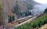 Im Bahnhof Gehlberg überholt eine 132 vor einem Personenzug nach Meiningen den Sonderzug mit 01 118. In der Gegenrichtung wartet eine 132 mit einer 110 vor einem Gex nach Arnstadt. (21.11.1990) <i>Foto: Joachim Bügel</i>