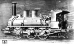 Werkfoto der Lokomotive Nr. 110 "Gonsenheim" der Hessischen Ludwigsbahn, Mainz, wahrscheinlich aufgenommen in der Gegend von Esslingen am Neckar. Beachtenswert an dieser Lok ist die Speisepumpe, die als kleine Dampfmaschine mit rotierender Welle und Schwungrad ausgeführt ist. (1880) <i>Foto: RVM-Archiv</i>
