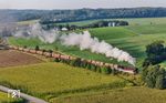 042 018 mit einem Holzzug auf der Steigung hinter Wörnitzstein. (18.09.2024) <i>Foto: Joachim Schmidt</i>