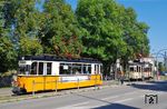 An der Haltstelle Vogelwiese begegnen sich Tw 38 (VEB Waggonbau Gotha / VEB Lokomotivbau-Elektrotechnische Werke „Hans Beimler“ Henningsdorf, Baujahr 1960) und Tw 17 (Gottfried Lindner Waggonbau Ammendorf / Siemens-Schuckert-Werke AG, Berlin und Nürnberg, Baujahr 1928). (21.09.2024) <i>Foto: Andreas Höfig</i>