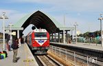 Ein Personenzug fährt in die 2000 eröffnete Station Tel Aviv University ein. Der Bahnhof liegt nur einen kurzen Fußweg vom Campus entfernt und bietet direkte Verbindungen nach Haifa, zum Ben-Gurion-Flughafen und zu anderen großen Städten Israels. Bahnhöfe spielen in Israel eine wichtige Rolle. Während in Deutschland an einem Haltepunkt nur ein Wartehäuschen steht, vielleicht noch ein Abfalleimer und ein Fahrausweisautomat, finden sich in Israel richtige Bahnhofsgebäude mit großzügigen Empfangshallen, Läden und Toiletten. (30.01.2009) <i>Foto: Georg Fladt-Stähle</i>