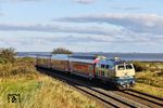 Die letzte 218 des Tages war 218 330, die mit RE 11081 nach Husum östlich von Morsum soeben die Insel Sylt verlässt. (02.10.2024) <i>Foto: Joachim Bügel</i>