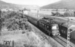 Bei Langenprozelten begegnet E 18 12 vom Bw Nürnberg Hbf mit dem D 303 "Donau-Kurier" (Wien West - Dortmund) einer 64er mit einem Güterzug. (13.06.1959) <i>Foto: Carl Bellingrodt</i>