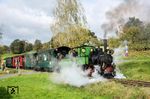 Die Bahnstrecke Wächtersbach–Bad Orb wurde am 23. Mai 1901 durch die Bad Orber Kleinbahn AG eröffnet, der Betrieb am 4. März 1995 eingestellt. Nach einigen fehlgeschlagenen Versuchen, wieder eine Normalspurbahn fahren zu lassen, wurde ein Betreiber gefunden, allerdings für eine Schmalspurbahn: Die Dampfkleinbahn Bad Orb Rolf Jirowetz & Siegfried Theimer GbR. Im Jahr 2000 begann die hinter dieser Gesellschaft stehende Gruppe von Kleinbahnfreunden mit der Reaktivierung der Strecke – ein rein ehrenamtliches Engagement. Dazu wurde die Strecke von Normalspur (1435 mm) auf Schmalspur (600 mm) umgespurt. Auf dieser Basis wird seit dem 26. Mai 2001 mit Fahrzeugen, die von der König-Ludwig-Dampfbahn Bad Brückenau kamen, von Bad Orb bis zum Haltepunkt Aumühle, seit August 2002 bis zum Haltepunkt Aufenauer Berg und seit 29. Oktober 2006 wieder bis Wächtersbach gefahren. Hier ist die schmalspurige Lok "EMMA" (Hohenzollern, Baujahr 1923) kurz vor Bad Orb unterwegs. (13.10.2024) <i>Foto: Joachim Schmidt</i>