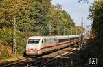 401 083 als ICE 654 (Berlin - Köln) im herbstlich gefärbten Wald bei Solingen-Ohligs. (23.10.2024) <i>Foto: Joachim Bügel</i>