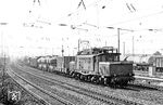 254 089 (Bw Halle P) mit einem Güterzug in Erfurt Gbf. Seit 1945 stand sie abgestellt im S-Bahnhof Velten (Berlin) und wurde am 28.12.1953 zum Raw Dessau überführt. Am 13.10.1958 wurde sie wieder in Betrieb genommen. 1982 wurde die Lok an die BKK Bitterfeld verkauft und in 1-1121 II umgezeichnet. 1989 als Ersatzteilspender abgestellt, erfolgte 1993 die Zerlegung im Bw Falkenberg. (19.05.1981) <i>Foto: Thomas Fischer</i>