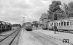 Im Bahnhof Hützel, dem Unterwegsbahnhof der Strecke Lüneburg - Soltau und Endbahnhof der Strecke aus Winsen (Luhe) steht DT 0521 nach Soltau. Rechts ist DL 120 054 mit dem DB-Kurswagenzug aus Hamburg eingetroffen. Im Hintergrund fährt ein weiterer DT ein. (18.08.1968) <i>Foto: Gerd Wolff</i>