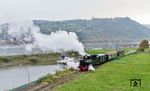 Lok 11 SM mit einem Sonderzug in Brohl-Lützing auf der Fahrt zum Hafen. Auf der gegenüberliegenden Rheinseite ist gerade ein 425 unterwegs. (27.10.2024) <i>Foto: Joachim Schmidt</i>