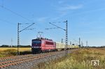 250 195 des Fahrzeugwerks Karsdorf zieht einen Schnittholzzug mit einer Last von 2100 Tonnen von Saalfeld (Saale) nach Brake (Unterweser). Wegen einer Baustelle bei Köthen wurde der Zug umgeleitet und konnte außerplanmäßig bei Marke an der Strecke von Bitterfeld nach Dessau abgelichtet werden. (22.09.2024) <i>Foto: Ralf Opalka</i>