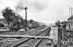 Nachdem im Bahnhof Erkrath die beiden Schiebeloks an das Zugende gefahren sind, startet 50 302 (Bw Düsseldorf-Derendorf) mit ihrem Güterzug auf die 33 ‰ Rampe nach Hochdahl. (24.07.1958) <i>Foto: Jacques H. Renaud</i>