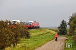 Der Autozug AS 1435 mit 218 390 und 218 344 am "Landsend" der Insel Sylt östlich von Morsum. Die Gegend am Hiirlön verkommt leider immer mehr zum Hundeklo, weil Feriengäste extra dorthin fahren, damit sich ihre Hunde dort erleichtern können. Warum sollte man dies auch vor der eigenen Haustür erledigen? Dann müsste man ja auch noch den Dreck wegräumen. (07.10.2024) <i>Foto: Joachim Bügel</i>