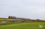 Das "gemischte Doppel" 218 397 und PRESS 218 056 (ex 218 454) mit IC 2310 nach Westerland (Sylt) auf dem Hindenburgdamm östlich von Morsum. Rechts entschwindet der Autozug AS 1445 nach Niebüll mit 245 025. (08.10.2024) <i>Foto: Joachim Bügel</i>