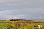 218 389 mit PRESS 218 058 (ex 218 412) rollen vor AS 1432 nach Westerland (Sylt) über den Hindenburgdamm. (09.10.2024) <i>Foto: Joachim Bügel</i>