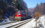 132 050 (Bw Meiningen) mit P 7023 nach Meiningen hinter dem Förthaer Tunnel. (01.12.1990) <i>Foto: Joachim Bügel</i>