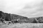 Die erst vor kurzem auf Ölfeuerung umgerüstete 44 381 vom Bw Bebra rollt mit einem Güterzug durch das Kinzigtal bei Wirtheim auf Gelnhausen zu. (08.1960) <i>Foto: Karl-Ernst Maedel</i>