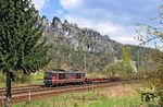 180 020 (ex 230 020), eine Zweisystemlok für den grenzüberschreitenden Verkehr, im Elbsandsteingebirge vor der Bastei bei Rathen. (17.04.2008) <i>Foto: Klaus D. Holzborn</i>