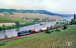 Der Einsatz der Baureihe 184 erfolgte seit 1979 durch das Bw Saarbrücken, das die Loks auf der Obermoselstrecke nach Apach einsetzte. Vor einem Güterzug aus dem französischen Apach erscheint 184 003 bei Wincheringen an der Mosel. (23.05.1986) <i>Foto: Klaus D. Holzborn</i>