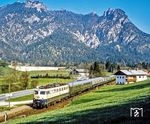 110 409 vom Bw Hamburg-Eidelstedt hatte in Winkl bereits einen weiten Weg hinter sich gebracht. Im Lattengebirge zeigt sich wieder die "Schlafende Hexe". Um diese ranken sich gleich mehrere Sagen, die entweder von einer Hexe oder einer Magd erzählen, die hier versteinert wurde. (1979) <i>Foto: Karsten Risch</i>